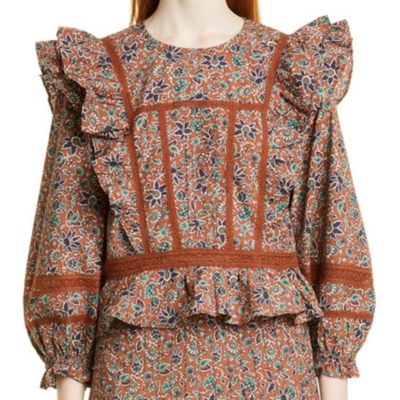 Veronica Beard Long Sleeve Floral WESLAYAN Ruffle Blouse in Cinnamon Brown Sz 2 - Picture 2 of 13